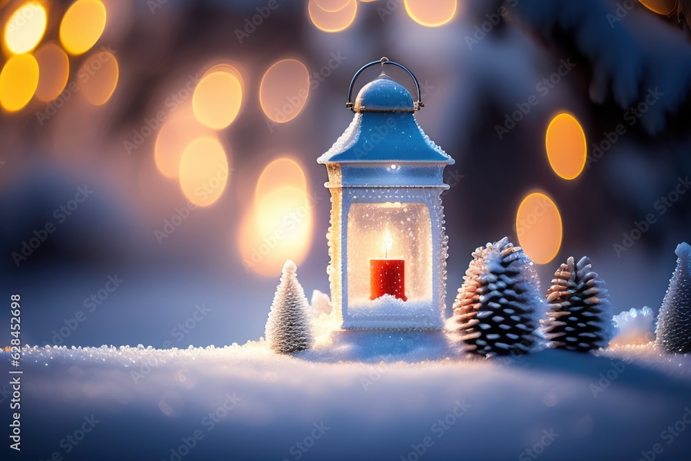 Aufkleber christmas decoration with a lantern in the snow in a winter park with beautiful bokeh. ai generated.