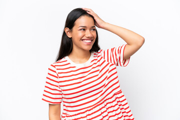 Young Colombian woman isolated on white background smiling a lot