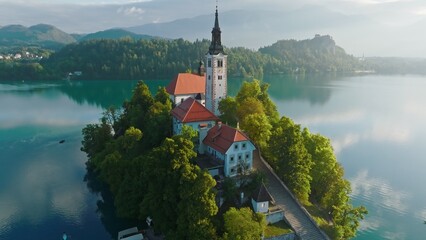 Flying around small island on Bled Lake in Slovenia. Aerial view of Church of the Assumption of...