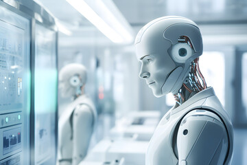 Tech Innovation Futuristic Humanoid Robot Assisting in a High-Tech Laboratory  | Generative AI