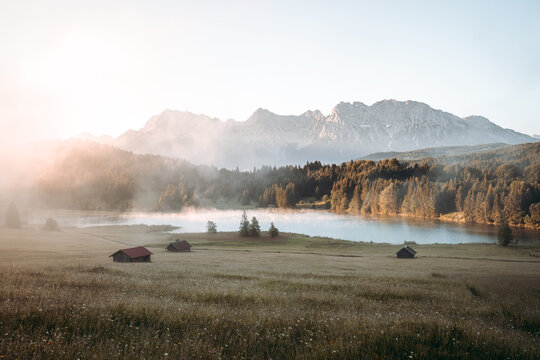 Amazing foggy Sunrise at Geroldsee, also Wagenbruchsee, Bavaria, Germany Europe