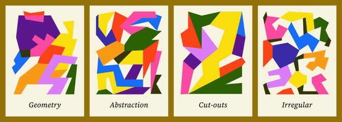 Abstract poster designs. Colorful and geometric backgrounds. Flat vector illustrations in paper cut style. Collage compositions. Organic and irregular artworks for wall art or postcard. Naive shapes.