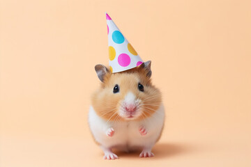 Cute hamster with birthday party hat on beige background