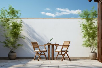 Bamboo chairs table courtyard. Generate Ai
