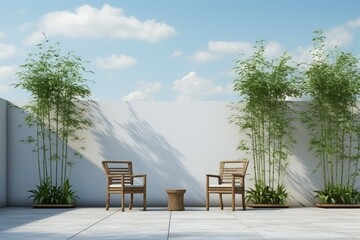 Bamboo chairs table backyard. Generate Ai