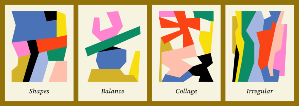 Abstract poster designs. Colorful and geometric backgrounds. Flat vector illustrations in paper cut style. Collage compositions. Organic and irregular artworks for wall art or postcard. Naive shapes.