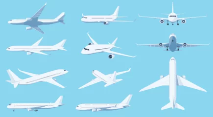 Fotobehang Airplanes in different angles on a blue background. Passenger and cargo air transport. A quick long-distance flight. Vector illustration © Igor