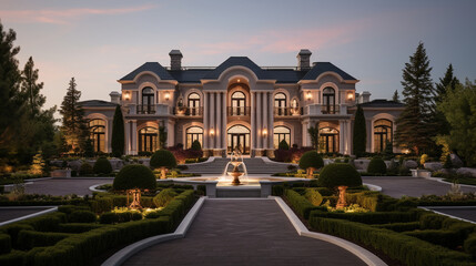 Fototapeta na wymiar A luxurious mansion with a grand entrance, elegant columns, and a regal facade Generative AI
