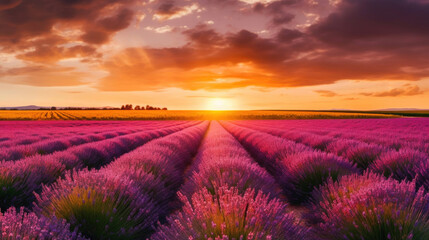 Fototapeta na wymiar Ethereal Twilight: Purple Hues in Lavender Fields