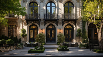 Fototapeta premium An elegant townhouse with wrought iron railings, French windows, and a sophisticated facade Generative AI