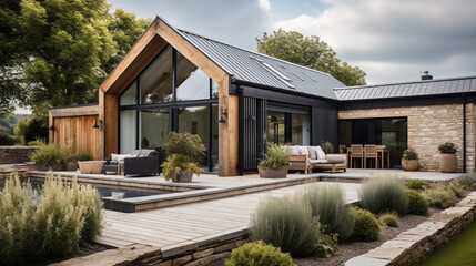 A contemporary farmhouse with a mix of metal and wood cladding, creating a stylish and inviting facade Generative AI