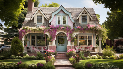 Fototapeta na wymiar A cottage-style home with a whimsical facade, featuring flower boxes, arched windows, and a cozy charm Generative AI