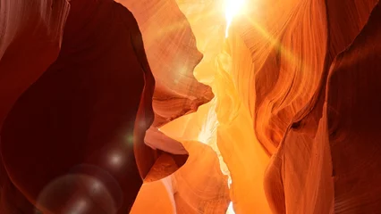 Poster Various red and orange rocks in antelope canyon. Midday sun hits the antelope canyon whimsically illuminating canyon walls. Red walls of Antelope Canyon in Arizona, USA, United States © SJ Travel Footage