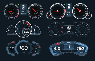 Set of different car dashboards with sensors. Measurement of car speed and engine revolutions. Vector illustration