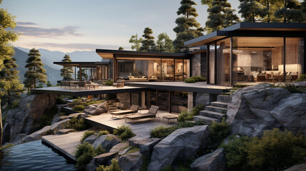 Obraz premium A mountain retreat with a stone and timber facade, blending seamlessly into the natural surroundings Generative AI