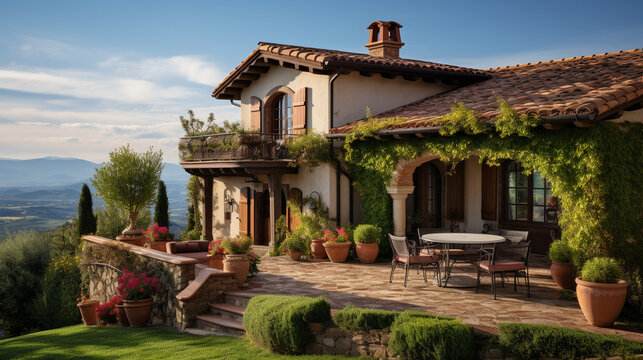 A Tuscan villa with stucco walls, terracotta roof tiles, and an inviting facade that exudes warmth Generative AI