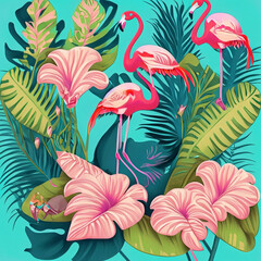 Tropical flowers, plants, leaves and flamingos. Vector illustration of exotic pattern, Hawaiian flowers for background, wallpaper or poster