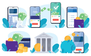 Online banking. Virtual storage and transfers of funds around the world. Applications for managing your money. Vector illustration - obrazy, fototapety, plakaty
