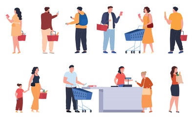 People in grocery store with baskets and carts. Customer service counter. Shopping in a store, supermarket. Vector illustration