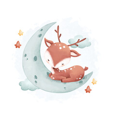 Watercolor illustration cute baby deer sleeps on cloud and stars