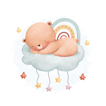 Watercolor illustration cute baby bear sleeps on cloud with rainbow and stars