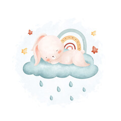 Watercolor illustration cute baby rabbit sleeps on rainbow with cloud and stars