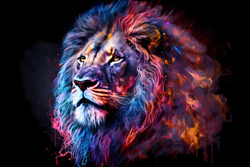 Lion portrait painted in neon watercolors