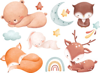 Watercolor illustration set of wooden animals sleep with stars moon and rainbow