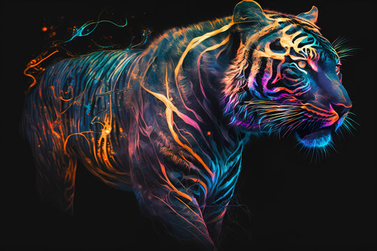 Tiger portrait painted in neon watercolors