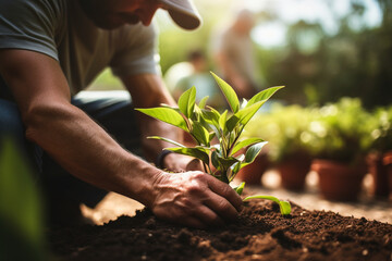 Serene Moments in Gardening: A Vibrant, High-Resolution Photograph of a Focused Gardener 