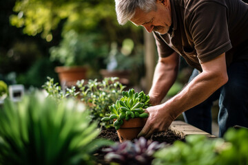 Fototapeta na wymiar Serene Moments in Gardening: A Vibrant, High-Resolution Photograph of a Focused Gardener 