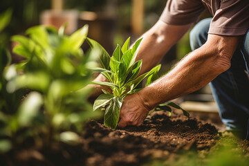 Fototapeta premium Serene Moments in Gardening: A Vibrant, High-Resolution Photograph of a Focused Gardener 