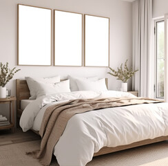 Mockup frame placed in a bedroom with a soothing light pastel color palette, 3D render. Made with Generative AI technology