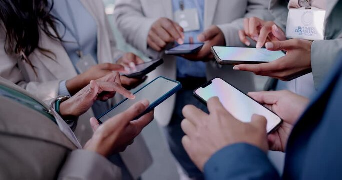 Business people, hands and phone for networking, data sync or sharing information at the office. Group of employees working on mobile smartphone app for communication or social media at the workplace