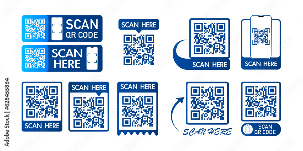 Poster collection of qr codes with inscription scan here with smart phone. set of scan qr code icon. qr cod