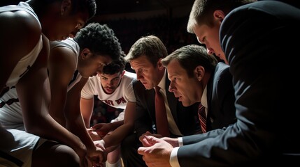  Intense Basketball Time-Out: Head Coach Strategizing with Focused Team. Generative AI.