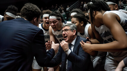  Intense Basketball Time-Out: Head Coach Strategizing with Focused Team. Generative AI.
