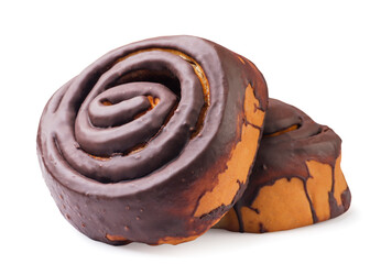 Cinnamon rolls covered with chocolate on a white background. Isolated