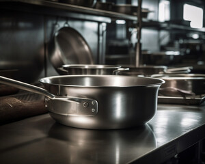 Saucentopf aus Stahl in einer professionellen Küche, generative AI