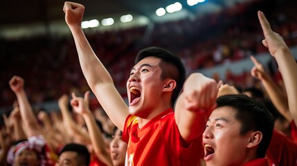 Fototapeta premium Dynamic Basketball Team Celebration with Vibrant Stadium Lights. Generative AI.