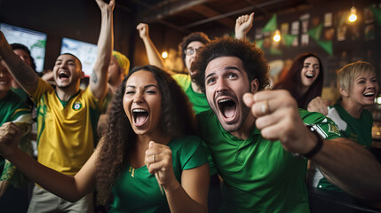 Friends passionately watching World Cup match on TV.  Generative Ai.