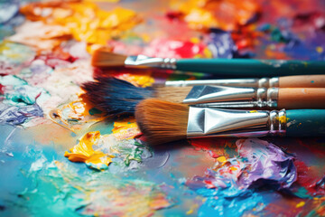 Fototapeta premium Art school. colorful palette and paintbrushes over abstract artwork