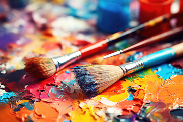 Obraz premium Art school. colorful palette and paintbrushes over abstract artwork