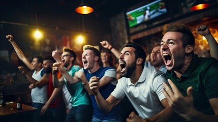 Friends passionately watching World Cup match on TV.  Generative Ai.