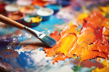 Obraz premium Art school. colorful palette and paintbrushes over abstract artwork