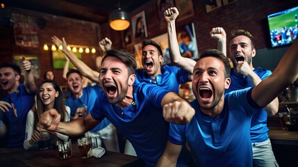 Friends passionately watching World Cup match on TV.  Generative Ai.