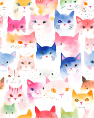 Cats tileable watercolor hand drawn seamless pattern created with Generative AI technology