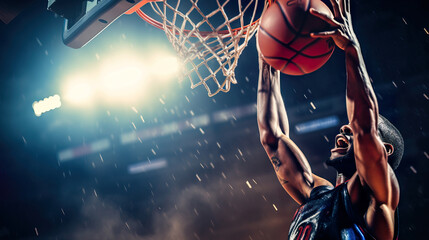 Intense Basketball Game: Athletic Player Executing Powerful Layup or Dunk. Generative Ai. - obrazy, fototapety, plakaty