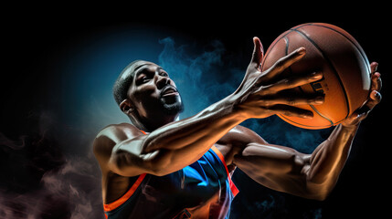 Fototapeta na wymiar Intense Basketball Game: Athletic Player Executing Powerful Layup or Dunk. Generative Ai.