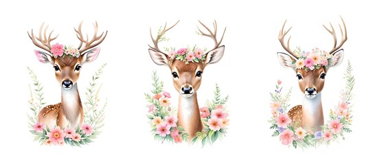 collection of cute deer with a flower in watercolor style on white background for design